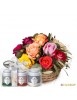 A basket full of roses with a gift box of teas
