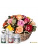 A basket full of roses with a gift box of teas