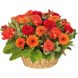 Rayon de Chaleur - Panier de deuil aux fleurs orange et rouge - Macky Fleurs