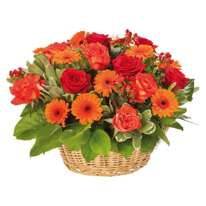 Rayon de Chaleur - Panier de deuil aux fleurs orange et rouge - Macky Fleurs